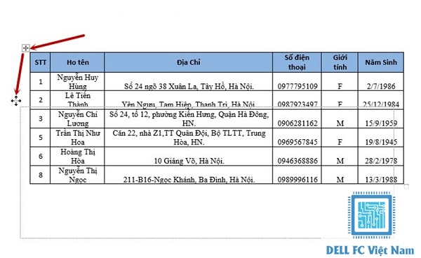 di chuyển bảng trong word